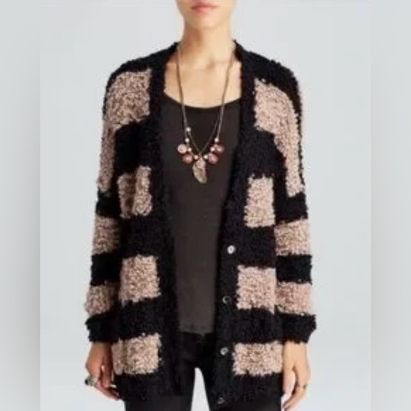 Free People Black/Tan Marshmallow Striped Oversized Cardigan, Sz S (P2P 25”) - Picture 7 of 7